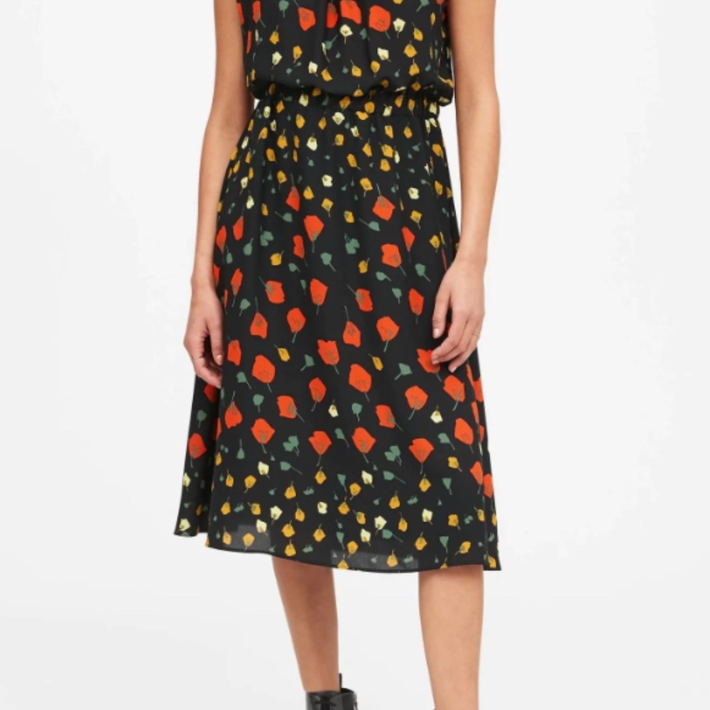 Floral Print Black Midi Dress with Red & Yellow Accents